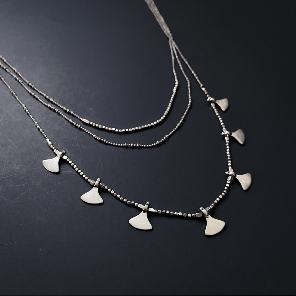 Long Boho Silver Tone Chain Beaded Fan Charms Layered Minimalist Necklace - Picture 2 of 8